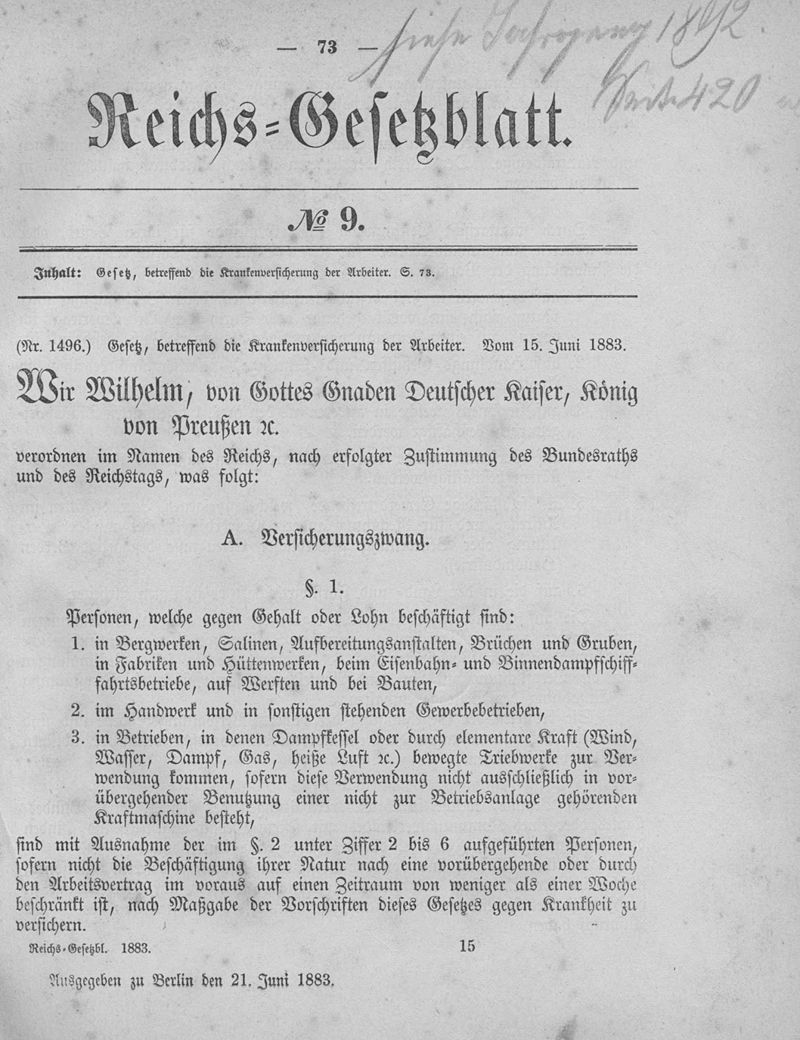 800px-Deutsches_Reichsgesetzblatt_1883_009_073 Weiter steigende Beiträge im Gesundheitssysetm